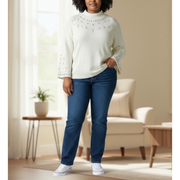 NEW Chicos Beaded Embellished Mock Neck Sweater Top Cotton Coastal XXL Size 4 - Picture 1 of 12